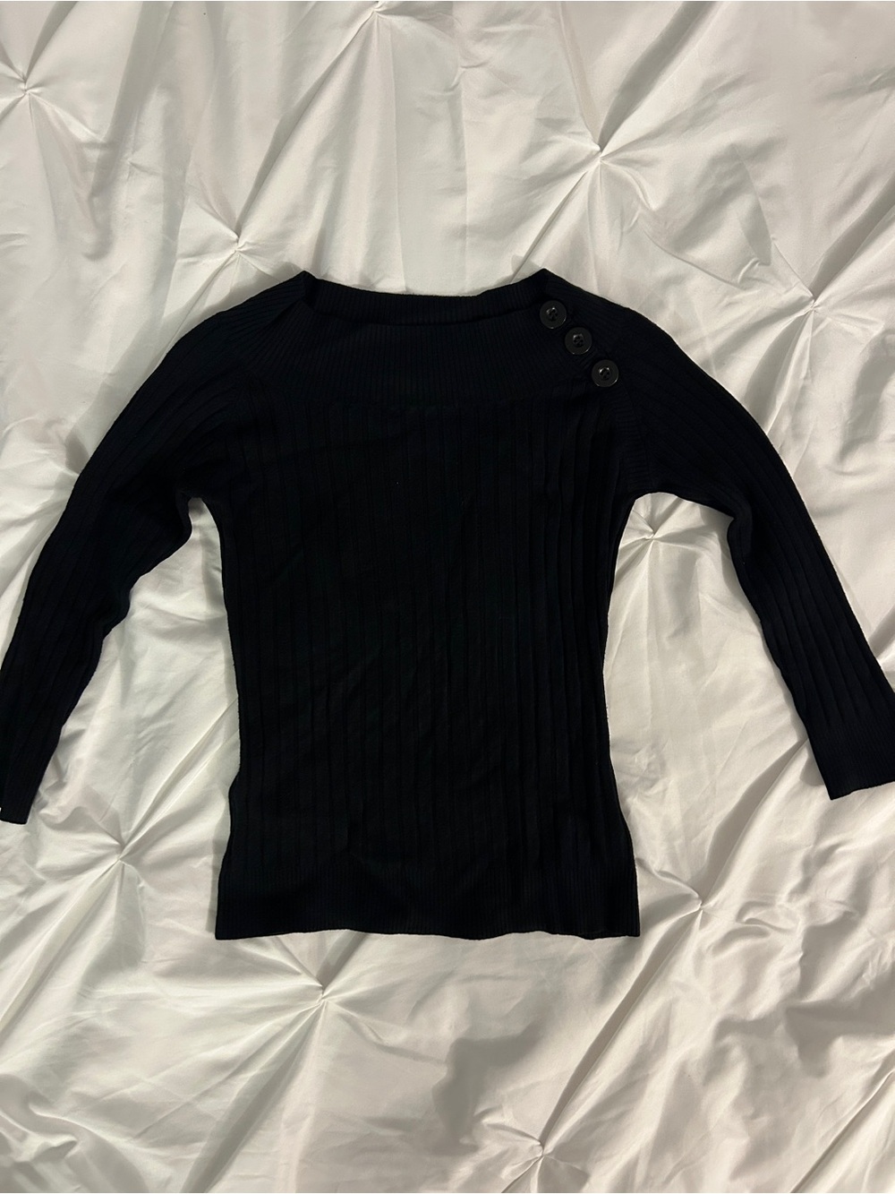 Black Ribbed Button-Shoulder Long Sleeve Top